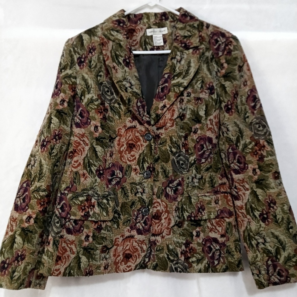 Newport News Vintage Floral Tapestry Blazer Jacket Green Burgundy Size 12